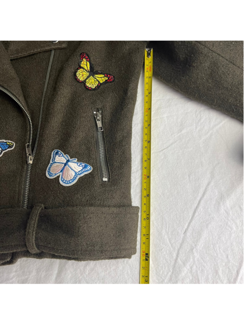 Signature Eight Butterfly Embroidered Moto Jacket Olive Green Wool Blend Biker L - Picture 8 of 10